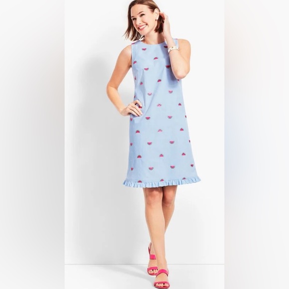 Watermelon embroidered print seersucker shift dress ruffle bottom - Picture 1 of 4